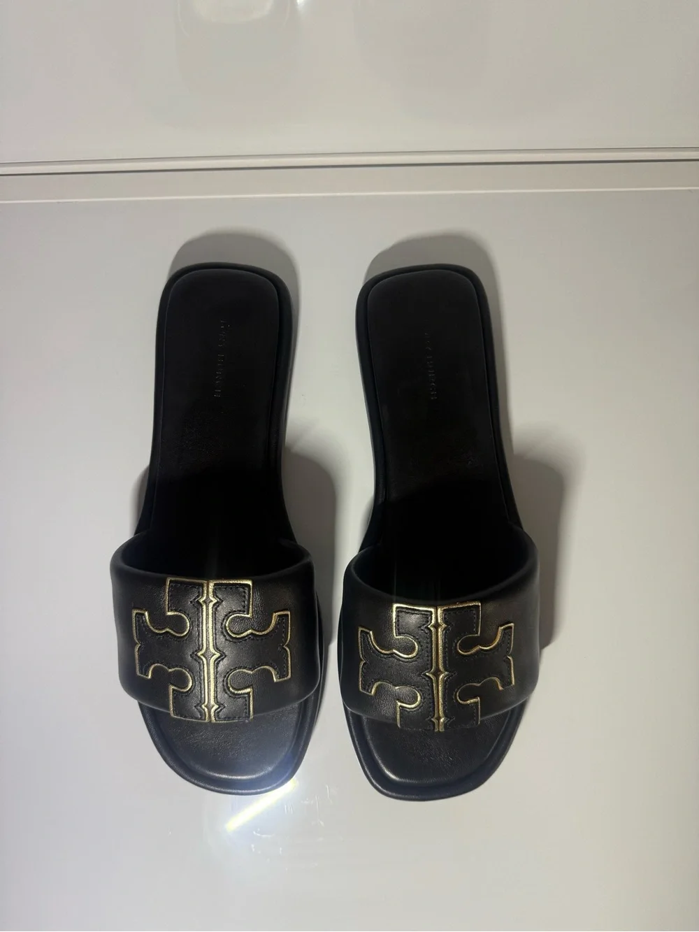 Tory Burch Black Leather Slide Mules with Gold Logo Embellishment size 9